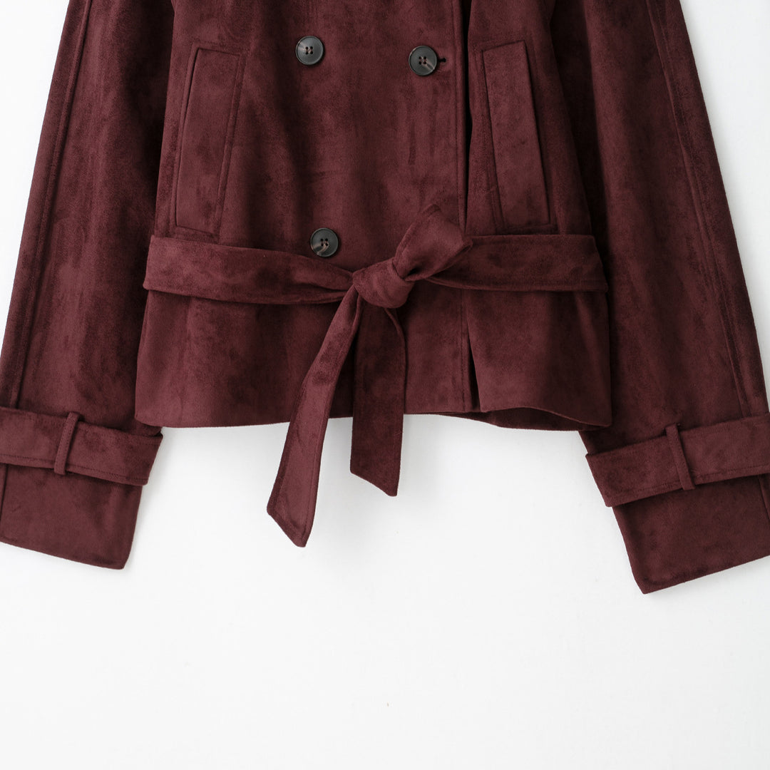 Women's Velvet Trench Coat with High Funnel Collar and Tie Belt Mune Fashion