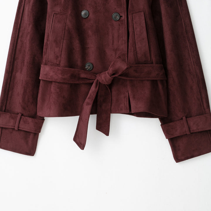 Women's Velvet Trench Coat with High Funnel Collar and Tie Belt Mune Fashion