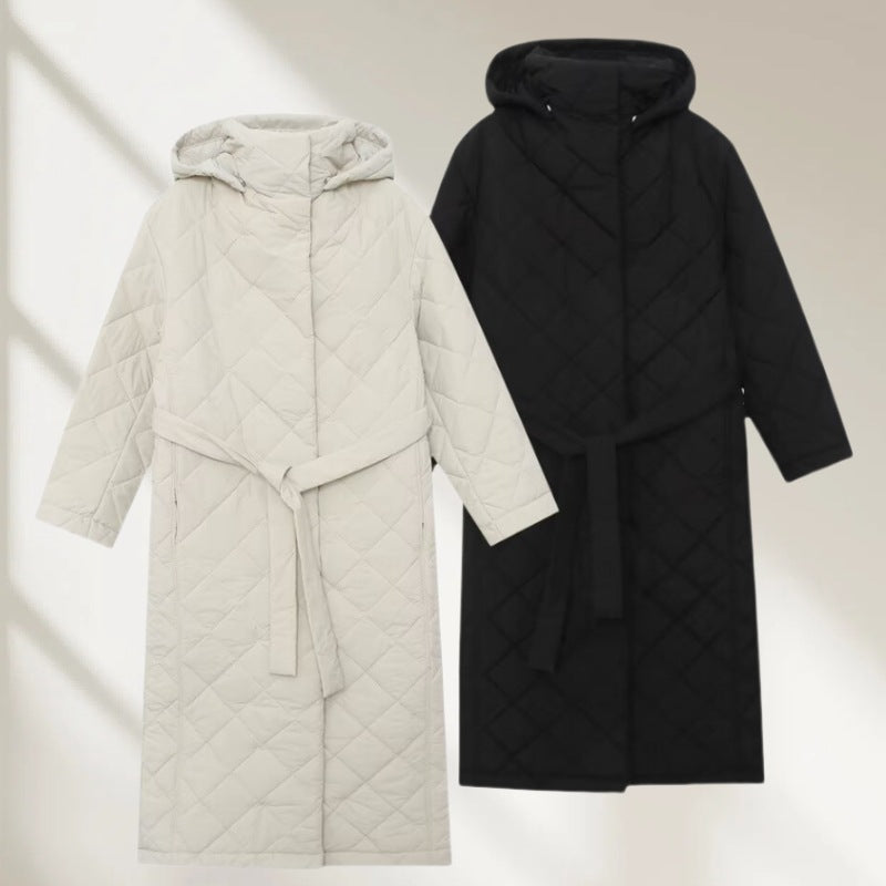 Ladies quilted coat with hood, belt and diamond quilting Mune Fashion