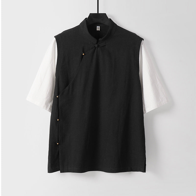 Men's Asymmetrical Linen Vest with Stand Collar and Side Button Placket Mune Fashion