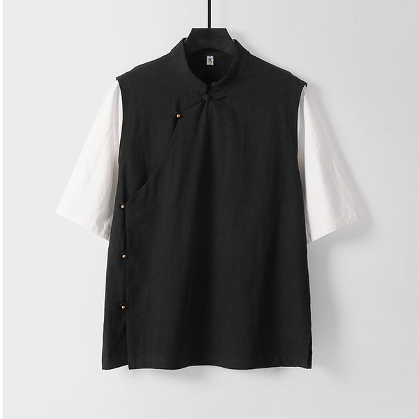Men's Asymmetrical Linen Vest with Stand Collar and Side Button Placket Mune Fashion