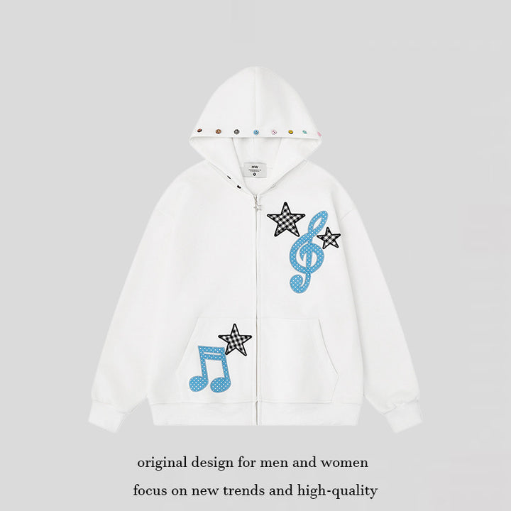 Women's hooded sweat jacket with creative music appliqués, checkered stars and zipper charm Mune Fashion