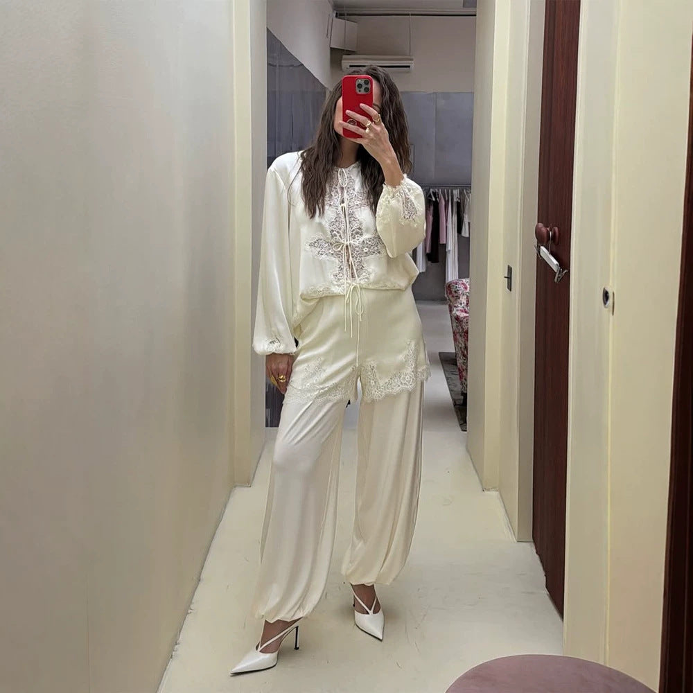 Women's Satin Loungewear Set with Lace Trim, Drawstring Top and Ballooned Palazzo Pants Mune Fashion
