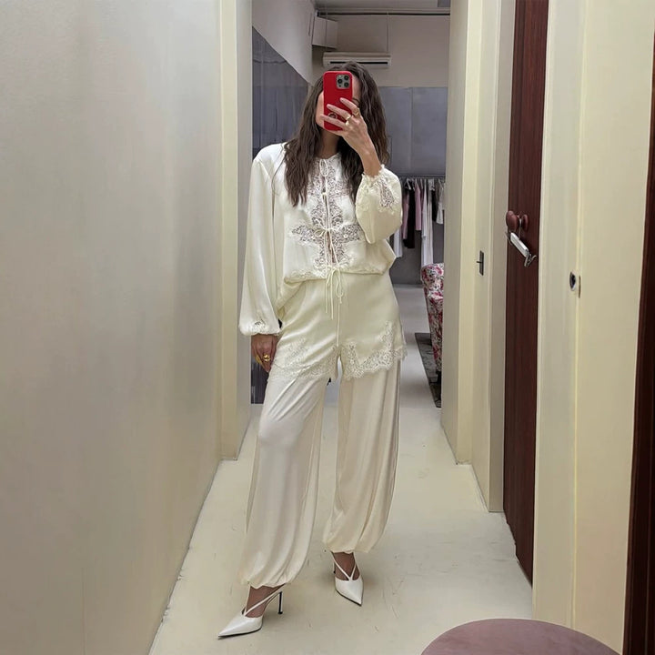Women's Satin Loungewear Set with Lace Trim, Drawstring Top and Ballooned Palazzo Pants Mune Fashion