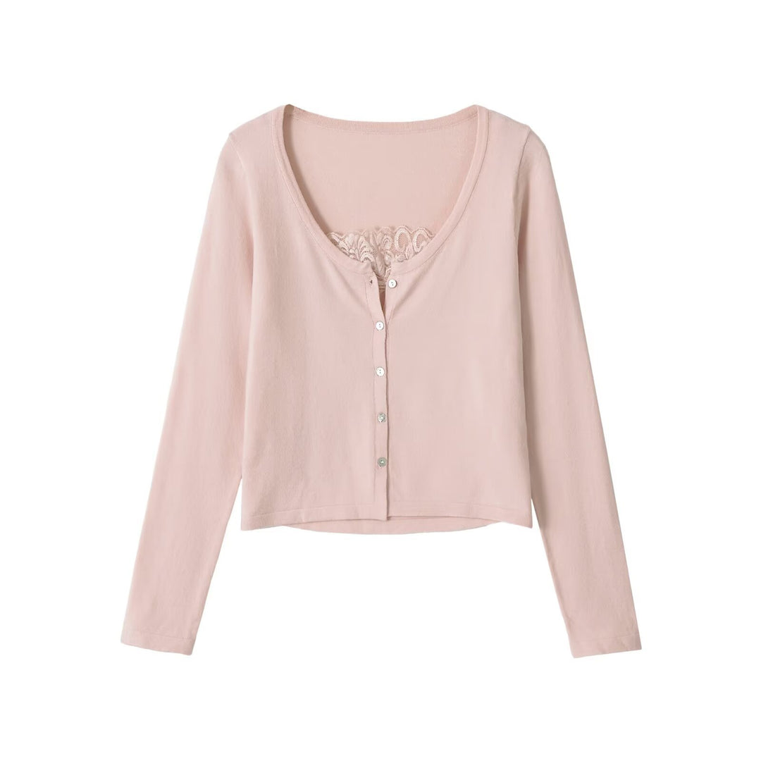 Women's fine-knit cardigan with lace insert and continuous button placket Mune Fashion