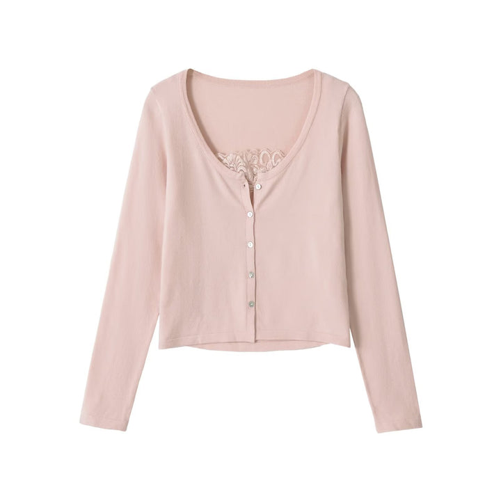Women's fine-knit cardigan with lace insert and continuous button placket Mune Fashion