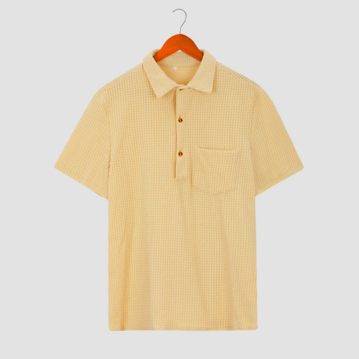 Men's waffle knit polo with shirt collar, short button placket and chest pocket Mune Fashion