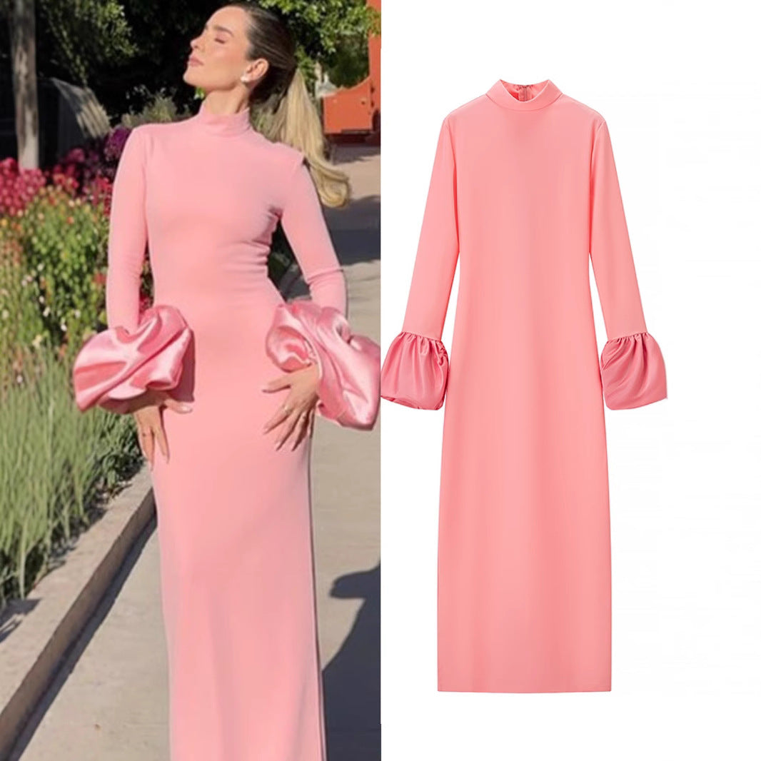 Women's Maxi Dress with Stand Collar and Ruffled Flounce Sleeves Mune Fashion