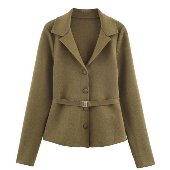 Women's Tailored Knit Blazer with Lapel Collar, Concealed Button Placket and Delicate Waist Belt Mune Fashion