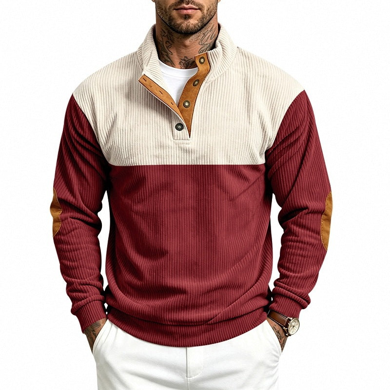 Men's Structured Ribbed Henley Half-Zip with Stand Collar and Elbow Patches Mune Fashion