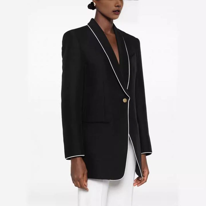 Women Oversize Blazer in Tuxedo Style with Contrasting Piping and Single Button Front Mune Fashion
