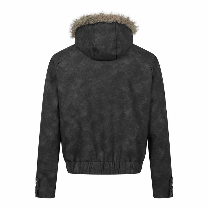 Men's Short-Cut Suede-Look Bomber with Hood, Faux Fur Trim and Statement Print