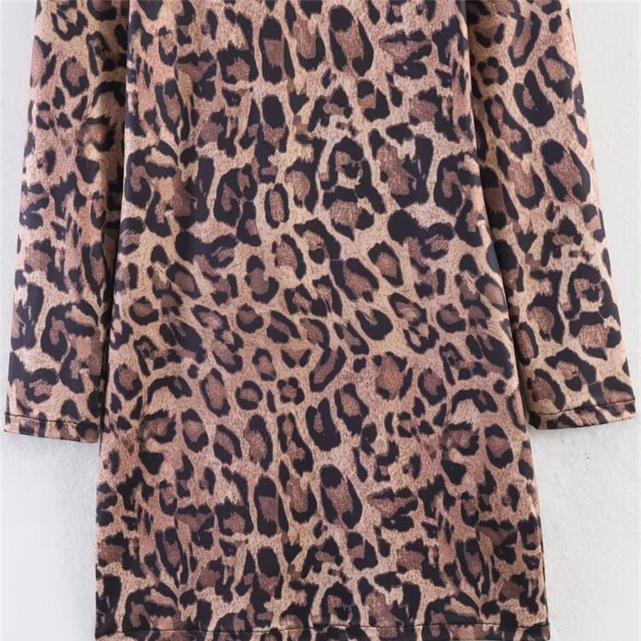 Women’s leopard print mini dress with round neckline, long sleeves, and A-line silhouette Mune Fashion