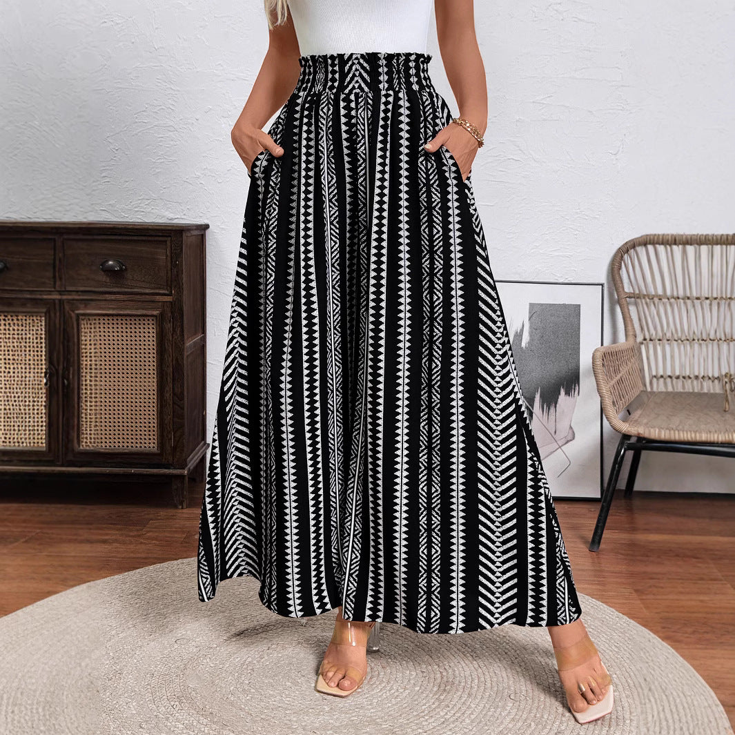 Women's Wide Palazzo Pants with High Smocked Waistband, Side Pockets & Graphic Stripe Pattern Mune Fashion