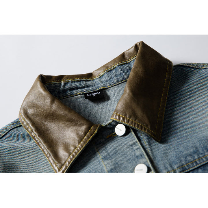 Unisex Boxy Denim Jacket with Leather Collar, Snap Button Placket and Flap Pockets Mune Fashion