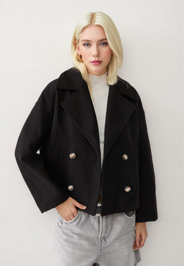 Women's short double-breasted wool blend coat jacket in boxy cut with wide lapel collar Mune Fashion