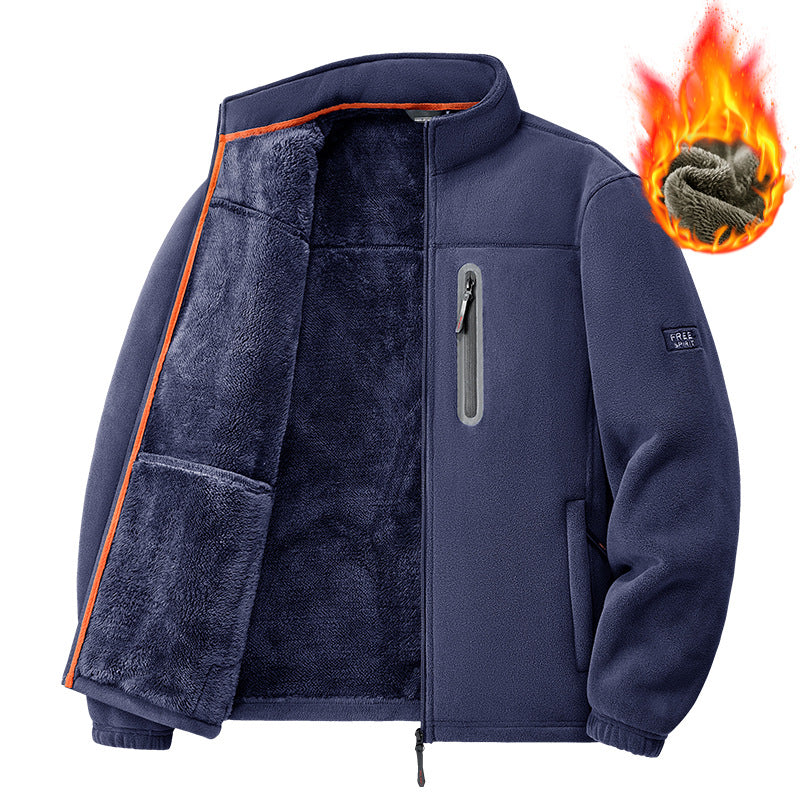 Men's nan thermal fleece jacket with high-pile teddy lining, chest zip pocket, and windproof front shell