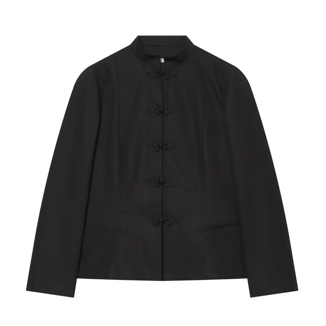 Ladies short fitted jacket with mandarin collar and decorative knot closures Mune Fashion