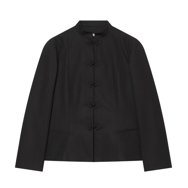 Ladies short fitted jacket with mandarin collar and decorative knot closures Mune Fashion
