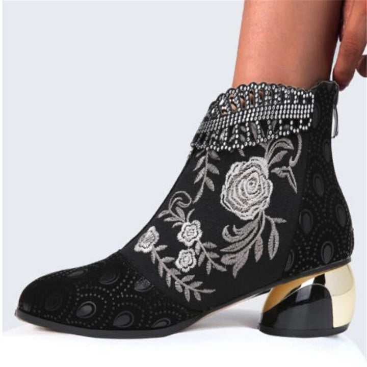 Women's embroidered ankle boots with velvet insert, pearl embellishments, and sculpted block heel Mune Fashion