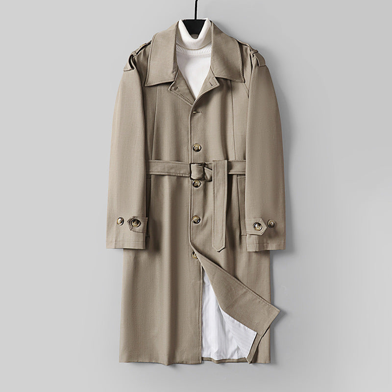 Men's Simple Twill Trench Coat with Adjustable Waist Belt and Shoulder Patches Mune Fashion