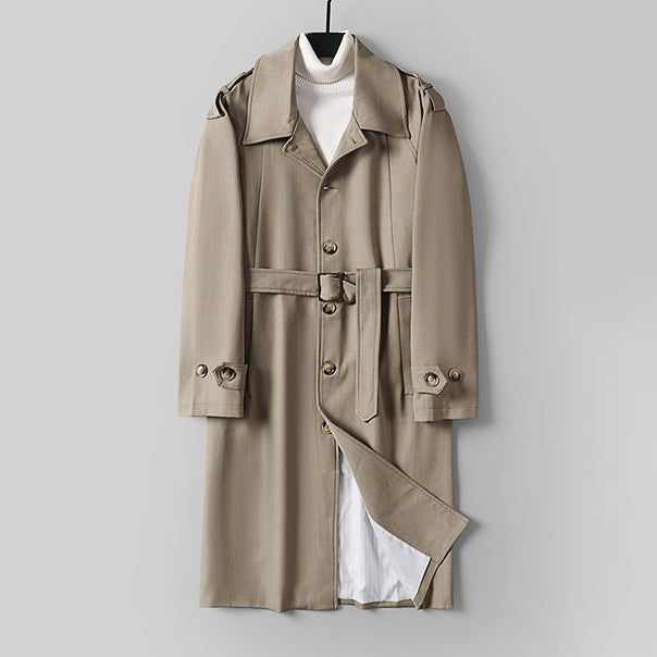 Men's Simple Twill Trench Coat with Adjustable Waist Belt and Shoulder Patches Mune Fashion