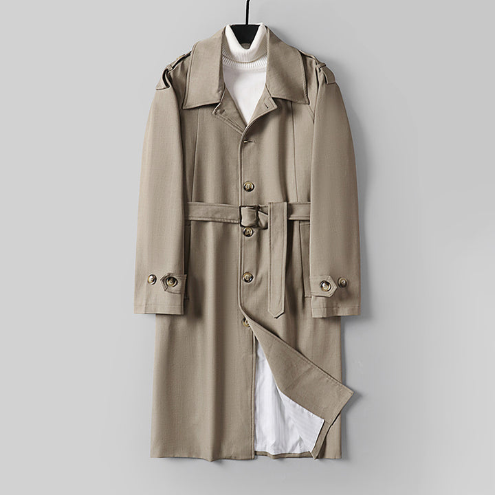 Men's Simple Twill Trench Coat with Adjustable Waist Belt and Shoulder Patches Mune Fashion