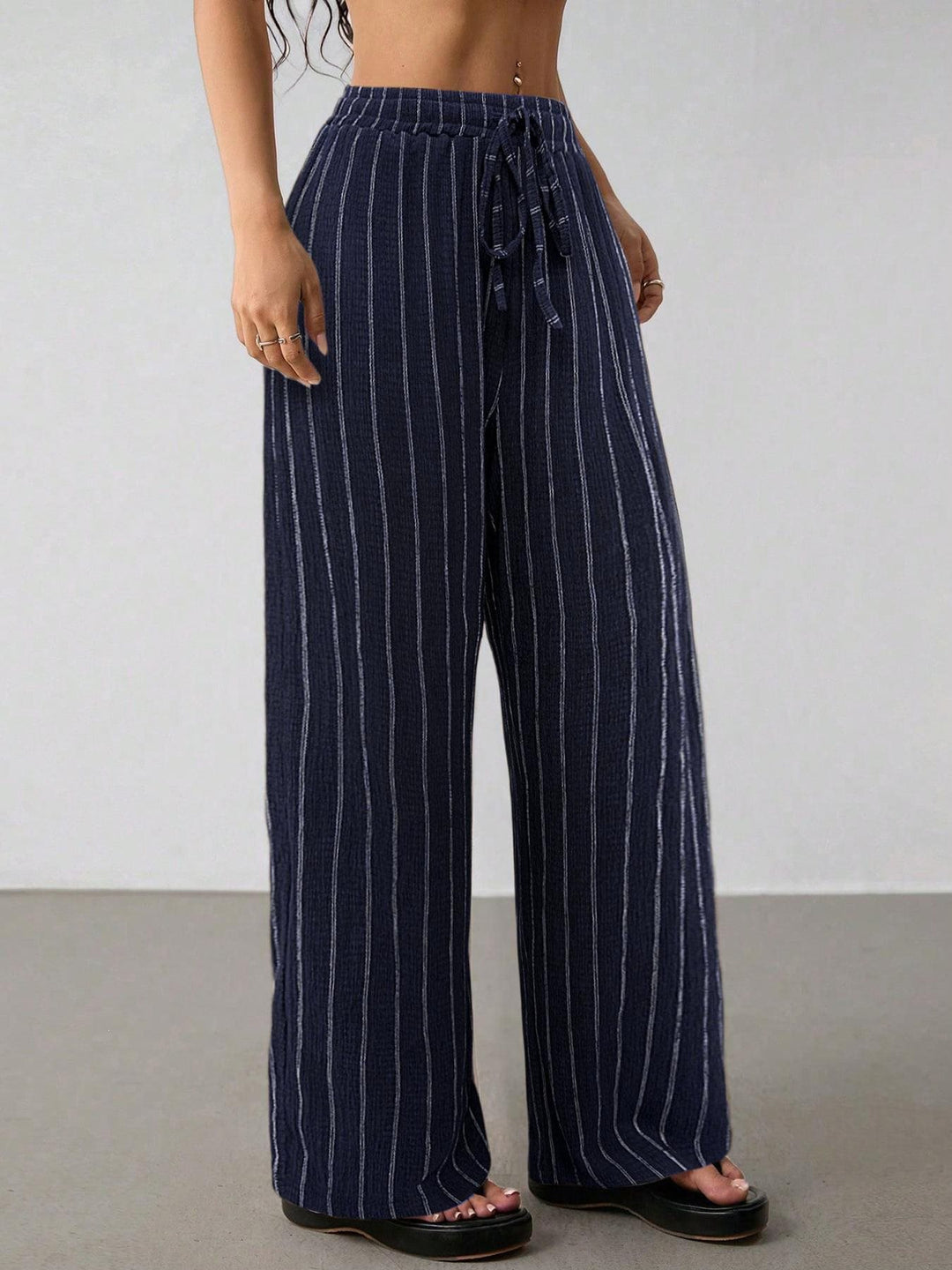 Women's Wide Knit Pants with High Waist and Drawstring Mune Fashion