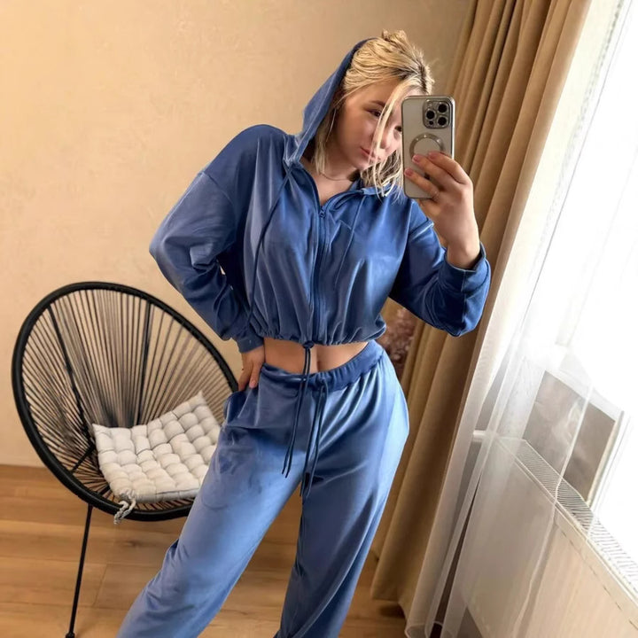 Women's Velvety Cropped Zip Hoodie Set with Drawstring Waist and Wide Lounge Sweatpants Mune Fashion