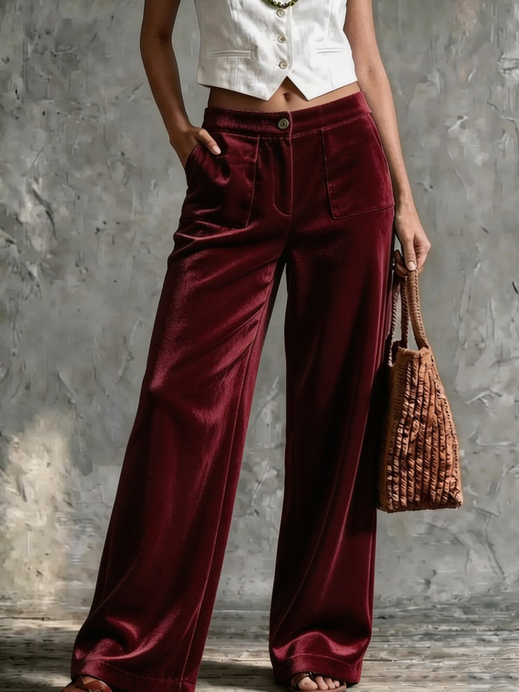 Women Wide Velvet Palazzo Pants with High Waist and Patch Pockets Mune Fashion
