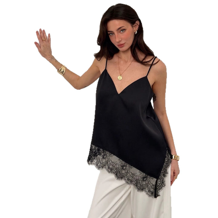Women nan silky shiny spaghetti strap cami with asymmetric lace edge Mune Fashion