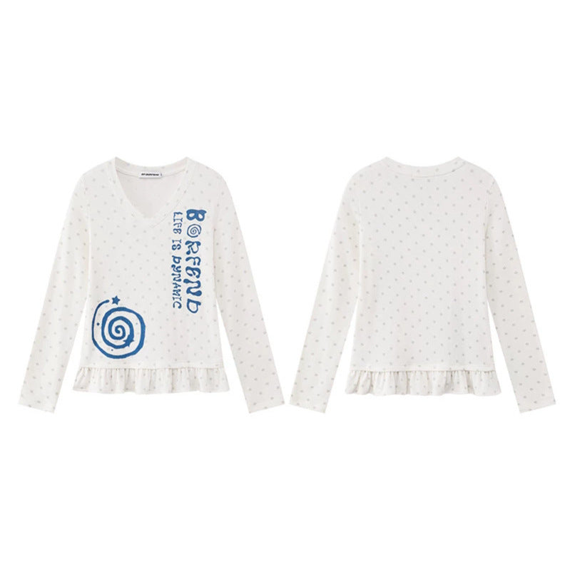 Women's long sleeve shirt with V-neck, ruffled hem and graphic spiral motif Mune Fashion