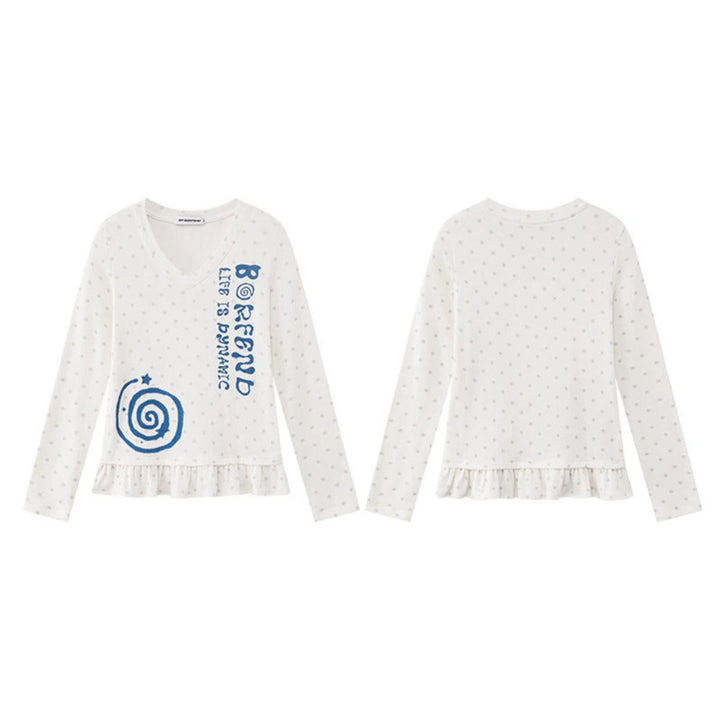 Women's long sleeve shirt with V-neck, ruffled hem and graphic spiral motif Mune Fashion