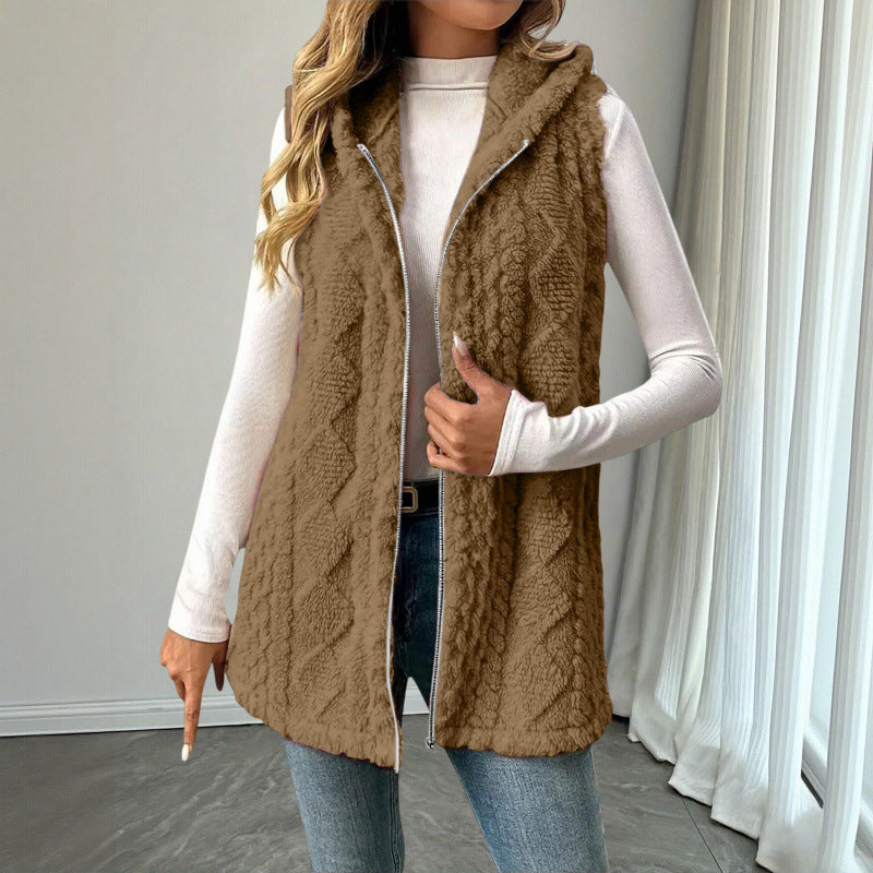 Women's Hooded Teddy Vest with Zipper and Structured Knit Look Mune Fashion