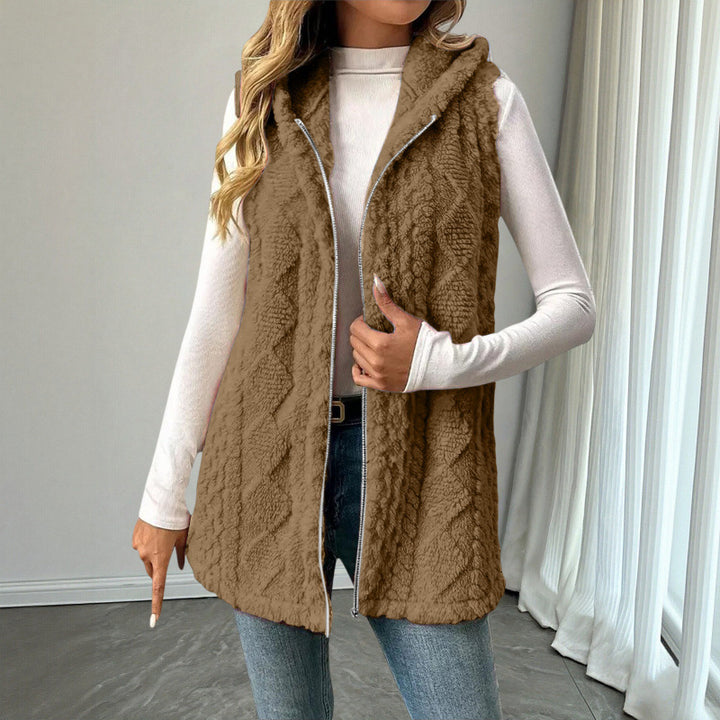 Women's Hooded Teddy Vest with Zipper and Structured Knit Look Mune Fashion