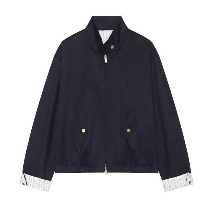 Women's Short Blouson Jacket in Clean Look with Stand Collar, Gold-Colored Accents and Contrasting Cuffs Mune Fashion