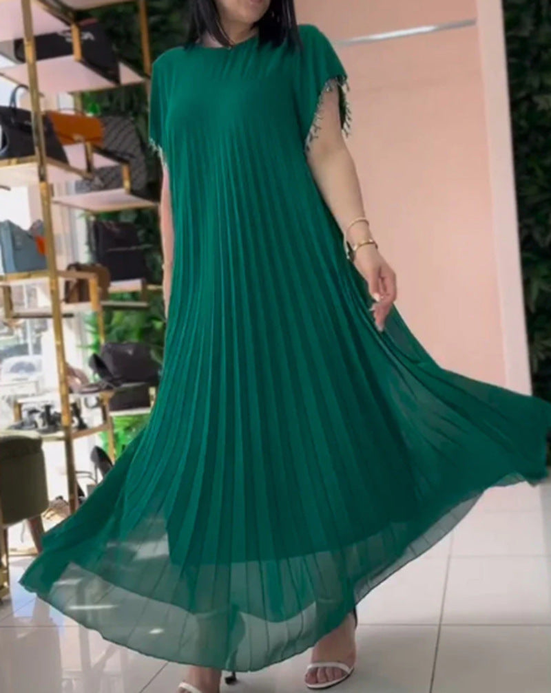 Women nan elegant chiffon pleated maxi dress with wide swing skirt and tassel sleeves Mune Fashion