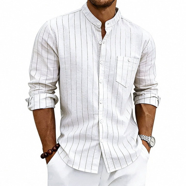Men's breathable pinstripe long-sleeve shirt with stand collar, chest pocket, and rounded hem Mune Fashion