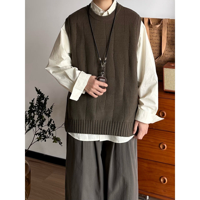 Men's Oversized Sleeveless Knit Vest with Ribbed Hem and Round Neckline Mune Fashion
