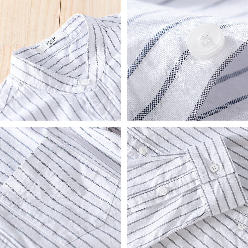 Men's Lightweight Stand Collar Long Sleeve Shirt made of Cotton Blend with Fine Pinstripe and Chest Pocket Mune Fashion
