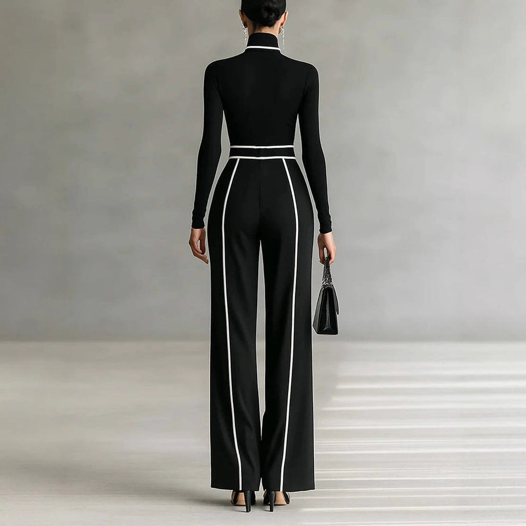 Women's Two-Piece Ensemble consisting of a form-fitting turtleneck bodysuit and wide-cut high-waisted trousers with belt Mune Fashion