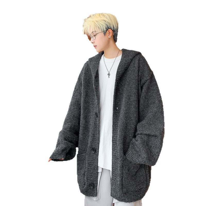 Unisex Oversized Mohair-Optics Knit Cardigan with Hood and Large Buttons Mune Fashion