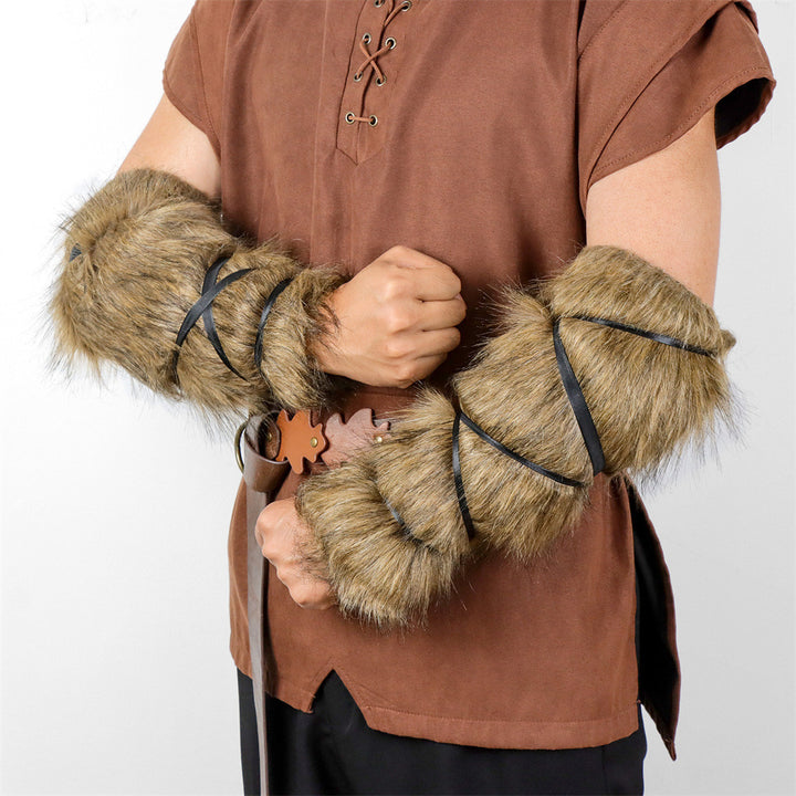 Unisex Medieval Arm Warmers made of Faux Fur with Adjustable Leather Straps Mune Fashion