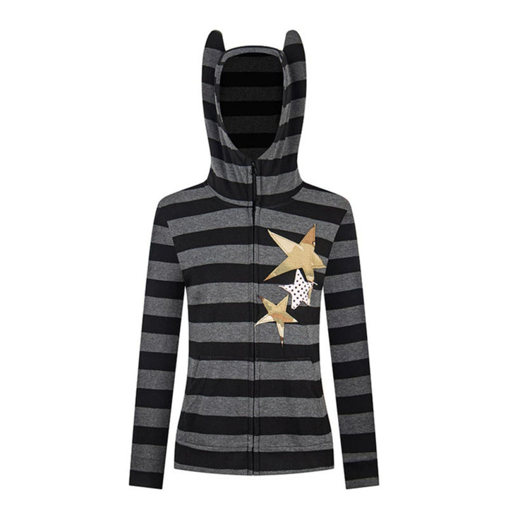 Women's hooded jacket with ears, striped zip cardigan and star appliqués Mune Fashion