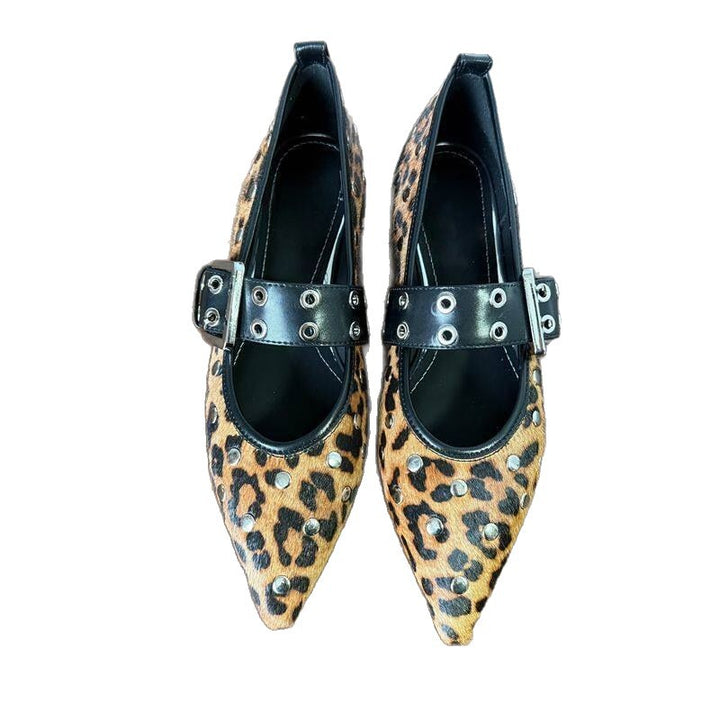 Women's pointed toe mule ballet flats with wide studded strap and dalmatian pattern Mune Fashion