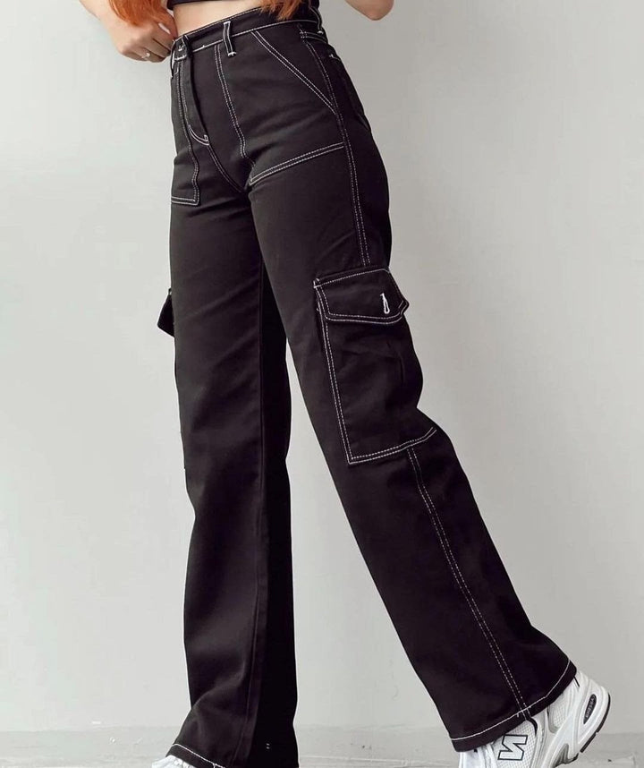Women's High-Waist Cargo Pants made of Twill with Flap Pockets and Wide Leg Mune Fashion