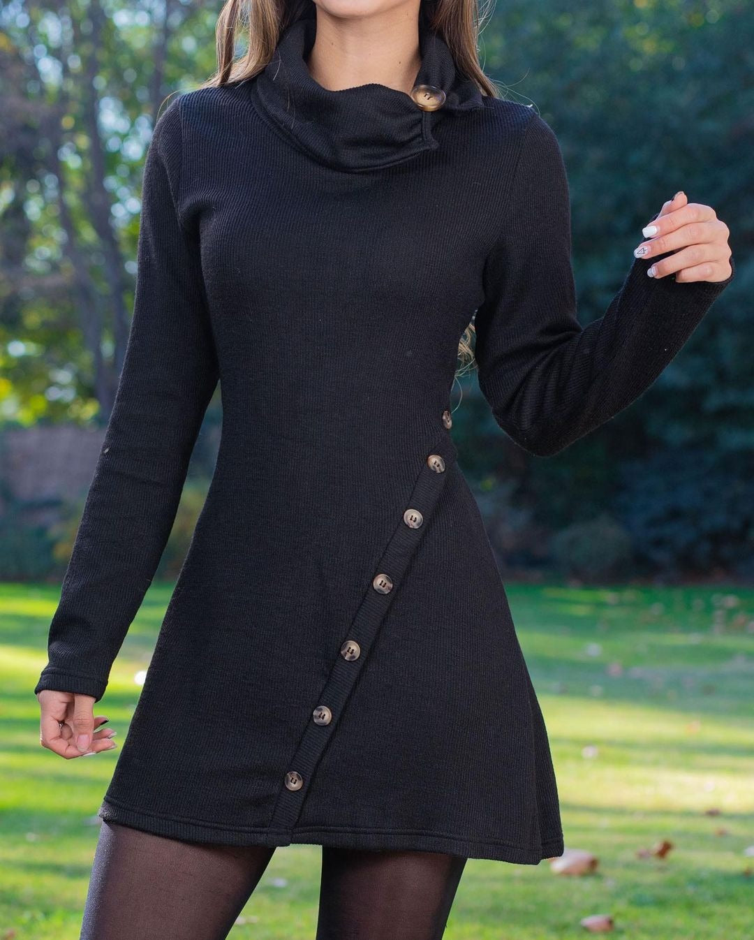 Women's fitted A-line knitted dress with asymmetric decorative button placket and high collar Mune Fashion