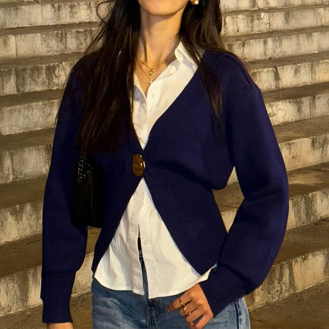 Women's tailored short cardigan with deep V-neck and decorative button Mune Fashion