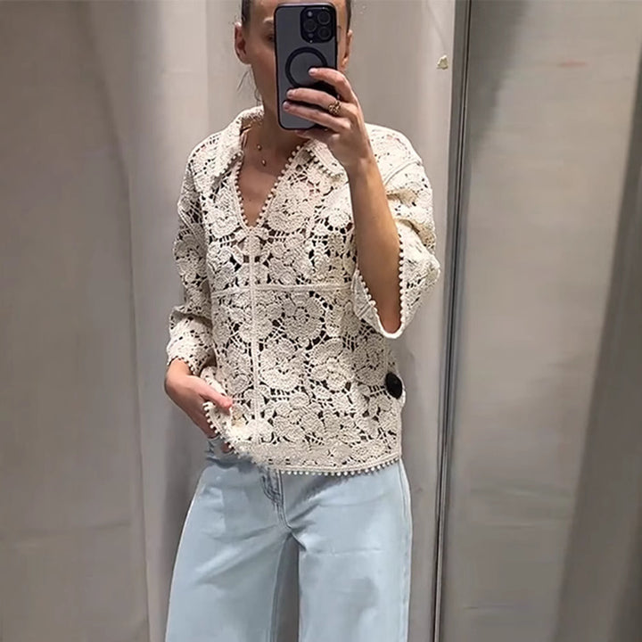 Women's Crocheted Blouse with Floral Openwork Pattern and Three-Quarter Sleeves Mune Fashion