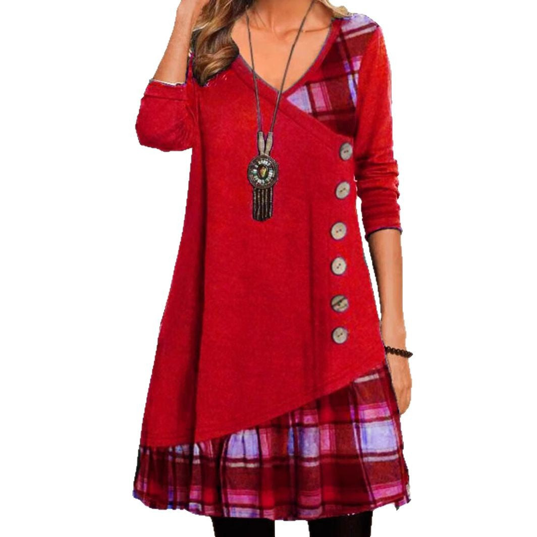Women's asymmetrical V-neck tunic dress with decorative button placket and animal print trim Mune Fashion